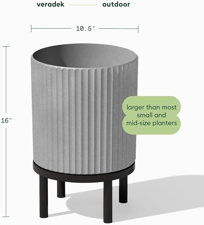 Veradek Demi Series Round Planter w/ Stand for Porch/Patio | Durable Plastic-Concrete & Wooden Stand | Modern Décor for Tall Plants, Flowers