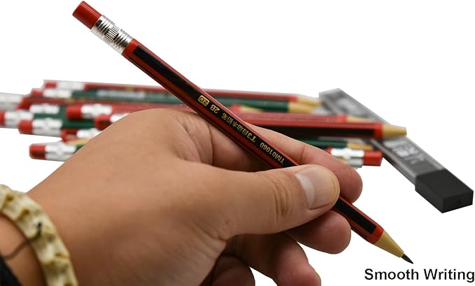 Maydahui 12 PCS Mechanical Pencil with Sharpener Novelty Non Sharpening Automatic Pencil with 12 PCS 2B Lead Refills 2.0 mm Classic Red Green Pole Plastic Simulation Timber for School Writing Drawing