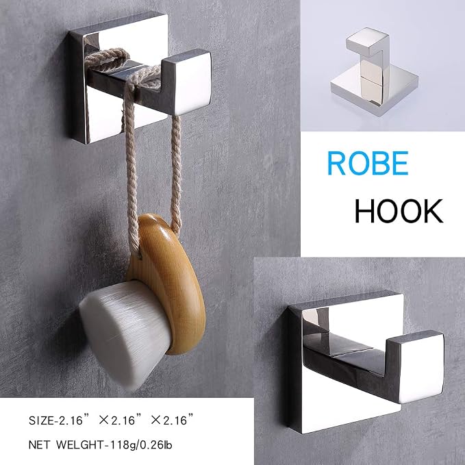 TASTOS Bath Towel Hooks Polished Chrome, 4 Pack Stainless Steel Robe Coat and Clothes Hook, Heavy Duty Wall Hook for Bathroom & Kitchen, Modern Square Style Wall Mounted