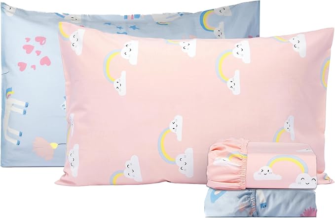 Salt Earth 100% Cotton 210TC Kids Bedsheet, Twin Fitted Sheet, Toddler Bed, 4-Piece Set – 2 Fitted Sheets & 2 Pillowcases, Themed Toddler Bed Sheets, Cute Kids Bedding (Unicorn/Rainbow)