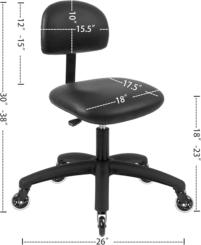 Chair Master FSS Series Square seat Low (18"-23") seat Height Chair. Vinyl-for Office, Garage, Desk, Shop, Computer, Doctor, Medical, Easy to Clean! NO Footring (Black, Low, Rubber Roller Casters)