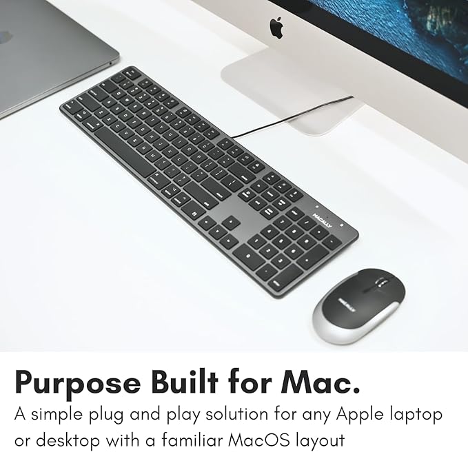 Macally Slim USB Wired Keyboard for Mac - Compatible Full Size Apple Keyboard with 104 Key Layout & 16 Shortcut Keys - Scissor Keycaps for Tactile Typing for Mac mini, MacBook Pro/Air, iMac