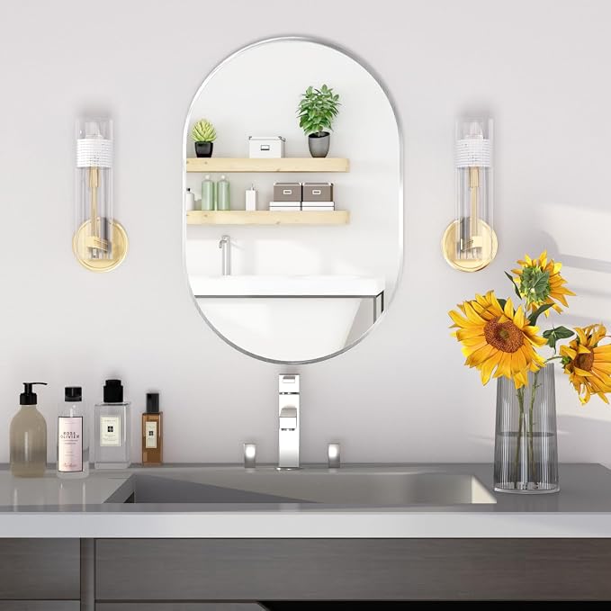 Oval Bathroom Mirror Wall Vanity Oval Mirrors, 20"x30" Silver Bathroom Mirrors for Over Sink Pill Mirrors Capsule Wall Mounted Mirror, Modern Mirror with Metal Frame for Wall Decor