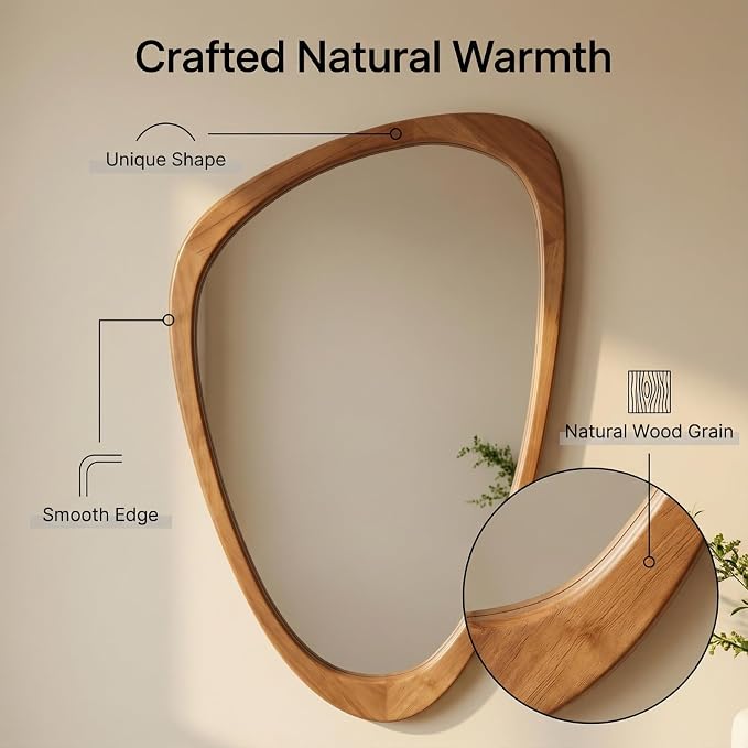 Irregular Wall Mirror Asymmetrical Bathroom Mirror, Wall Mounted Decorative Mirror with Wooden Frame for Living Room, Vanity, Bedroom, Entryway, Hallway (19" x 30")