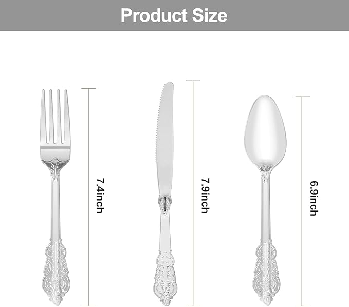 75PCS Silver Plastic Silverware for 25 Guests, Heavy Duty Silver Disposable Utensils Sets, Includes 25 Forks, 25 Spoons, 25 Knives, Elegant Cutlery Perfect for Wedding or Party