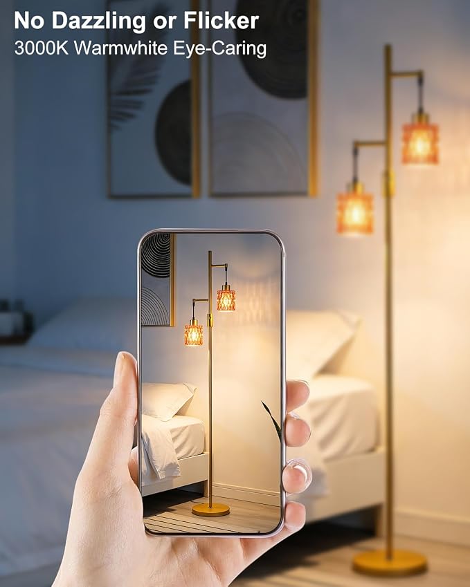 Lightdot 65IN Industrial Gold Floor Lamp for Living Room, 2- Light Deep Red Glass Floor Lamps with Warm White Bulbs, Modern Farmhouse Tree Standing Tall Lamp with 5Lbs Heavy Base for Bedroom