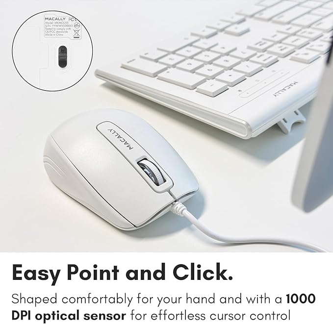 Macally 104 Key USB Wired Keyboard and Mouse Combo with Apple Shortcut Keys for Mac, iMac, Macbook, and Windows PC (MKEYECOMBO), White