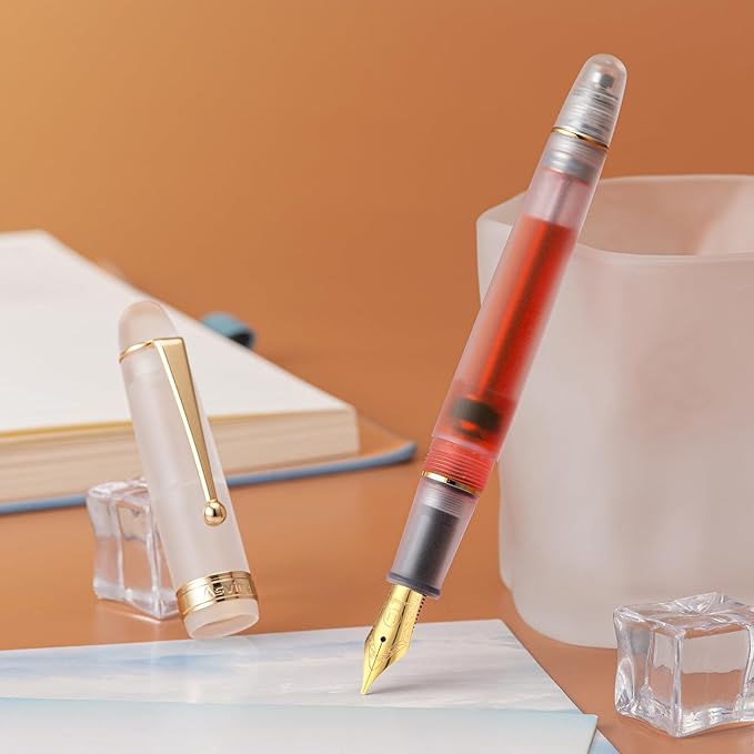 Asvine V126 Vacuum Filling Fountain Pen, Frosted Clear Acrylic Stub Nib 1.1mm Calligraphy Art Drawing Clear Demonstrator Acrylic with Case Set