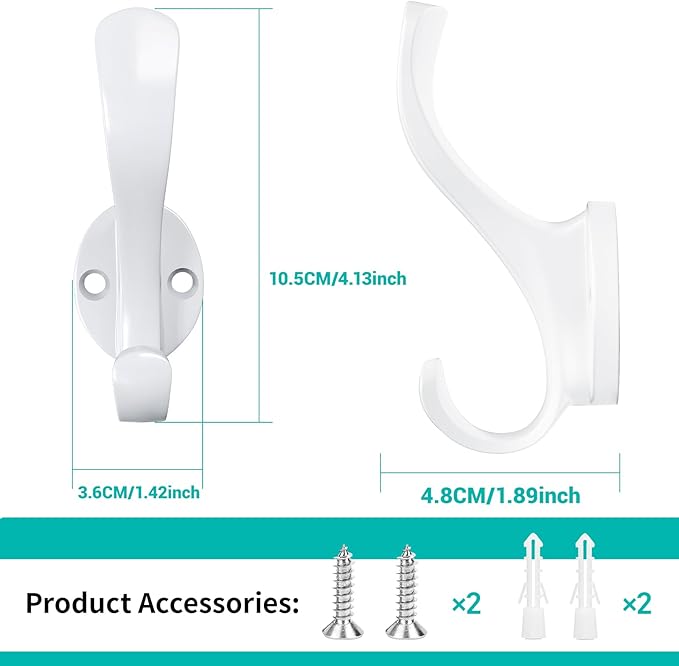 Coat Hooks Heavy Duty - Easy to Install Metal Towel Hooks Screw-in Wall Hooks for Hanging Hat, Towel, Key, Robe, Scarf, Bag, Cap (4 PCS White)