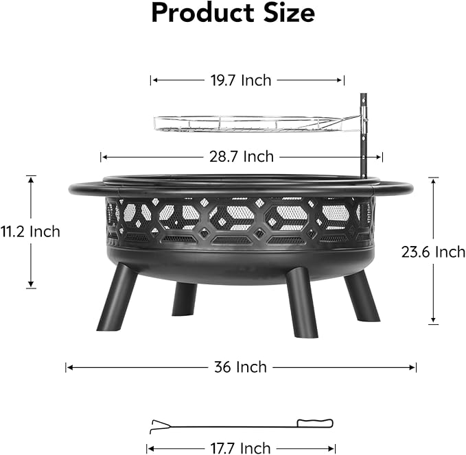 Florise 36 Inch Fire Pit, Outdoor Wood Burning Firepit with Removable Grill & Poker, Heavy Duty Metal Round Fireplace,2 in 1 Large Bonfire for Outside,BBQ,Yard,Patio