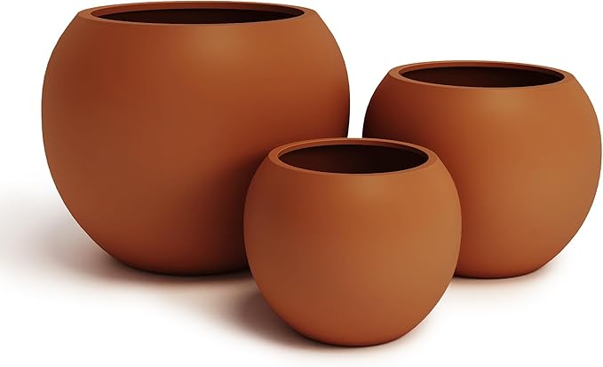 DTY Signature Mount Sherman Modern Indoor Outdoor Fiberstone Sphere Planter, Durable Round Garden Pot, Weather Resistant, Drainage Hole & Rubber Plug, Planter for Christmas Tree - Small, Terracotta