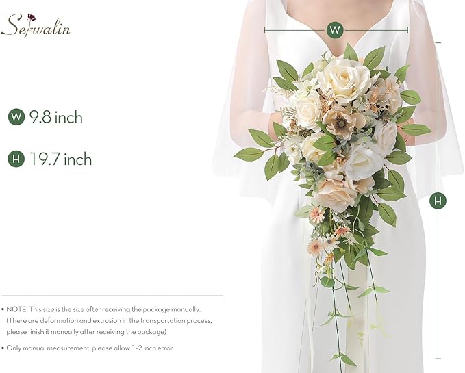 Serwalin 9.8 Inch Wedding Bouquets for Bride Bridesmaid, Champagne Rose Bridal Bouquets for Bride, Wedding Flowers Bouquet Tossing Bouquet, Wedding Ceremony and Anniversary Day Decoration