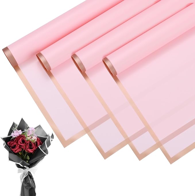 M METERXITY 20 Sheets Flower Wrapping Paper Bouquet, 23 Inch Pastel Pink Gold Edge BOPP Waterproof Floral Wrapping Paper Flower Packaging DIY for Wedding/Party/Birthday/Gift Bouquet Wrap Paper