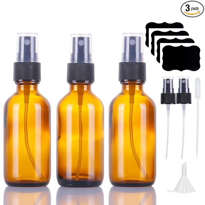 LUFEVRM 2oz Glass Spray Bottles,Empty Small Perfume Travel Refillable Reusable Fine Mister Spray Bottle for Hair,Cleaning Solutions,Aromatherapy and Essential Oil with Extra Nozzle (3 pack, Amber)