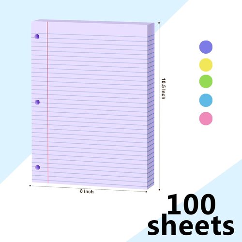 Purple Loose Leaf Paper - 200 Sheets College Ruled Filler Paper | 8" x 10.5" | 3-Hole Punched