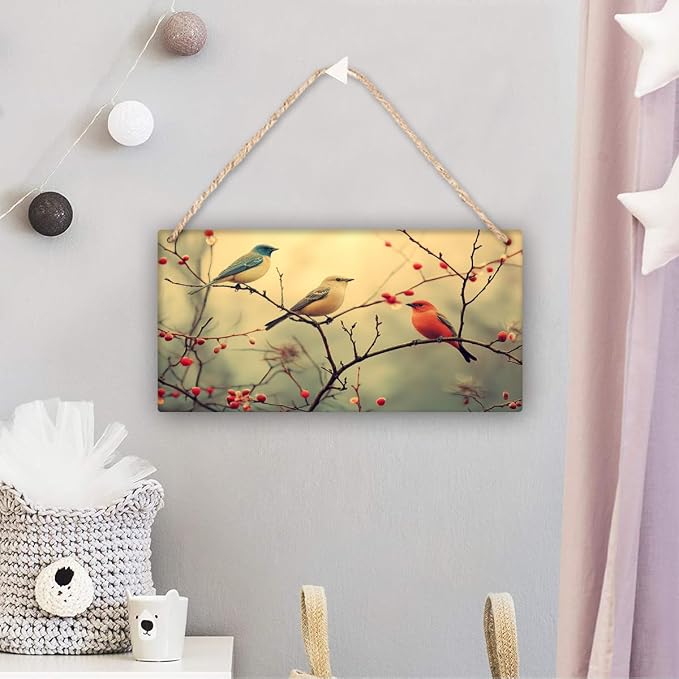 Artistic Retro Bird Wooden Sign, Floral Vintage Art for Home Aesthetics Lovers, 12x6 Inches Wood Decors, Ideal for Boho-Inspired Homes & Garden Spaces