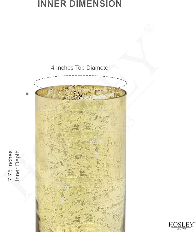 Hosley Set of 2 Mercury Gold Glass Vases – Elegant Flower Pots for Boho Decor, Wedding Gifts, Decorative Centerpieces, Hurricane Style Vase for Home, Events, and DIY Crafts