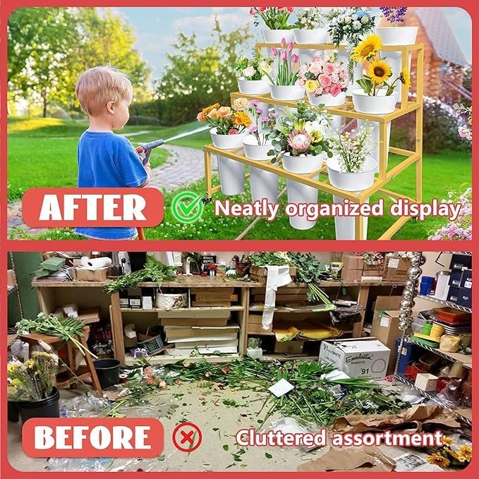 PROLEE Flower Display Stand with 12 Buckets, Flower Cart 3 Layers, Flower Stand Metal with Wheels, Moving Florist Bouquet Shelf, Rectangular Rack (Gold)