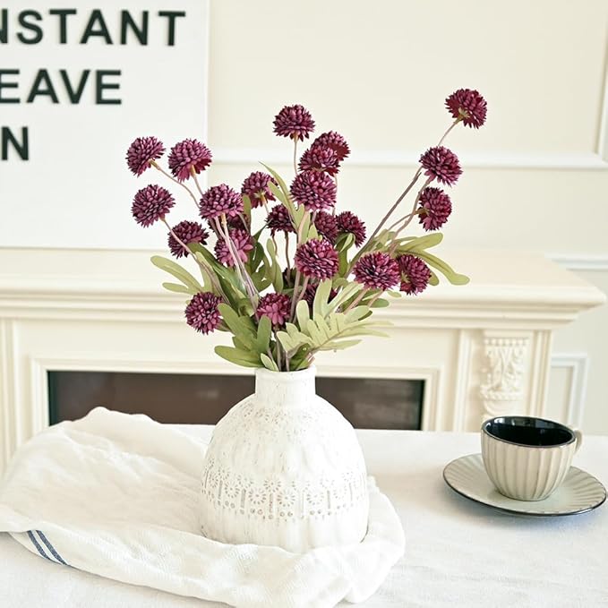 Laelfe 5Pcs Burgundy Flowers Artificial Pompon Mum, Fake Kiku Flowers Silk Small Mini Chrysanthemum Ball Faux Mum Decor for Autumn Filler DIY Bouquet Centerpieces Arrangements Shower(Burgundy)