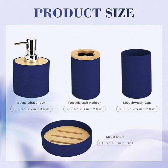 4 PCS Navy Blue Bathroom Accessories Set, Includes a Soap Dispenser, Toothbrush Holder, Soap Dish and Mouthwash Cup, Plastics & Bamboo Bathroom Set, Bohemian Style Bathroom Sink Set