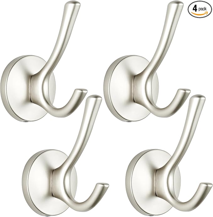 Matte Silver Towel Hooks 4 Pack, Heavy Duty Zinc Alloy Double Prong Coat Robe Hooks, Wall Mounted Towel Hooks for Bathroom, Kitchen, Closet, Garage, Entryway (195silver)