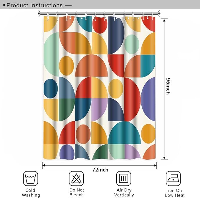 Vintage Colorful Rainbow Mid Century Shower Curtain Modern Abstract Geometric Art Bathroom Curtain Decor 72x96 Inch Washable Fabric Bright Retro Boho Circle Patterned Bath Curtain with 12 Hooks