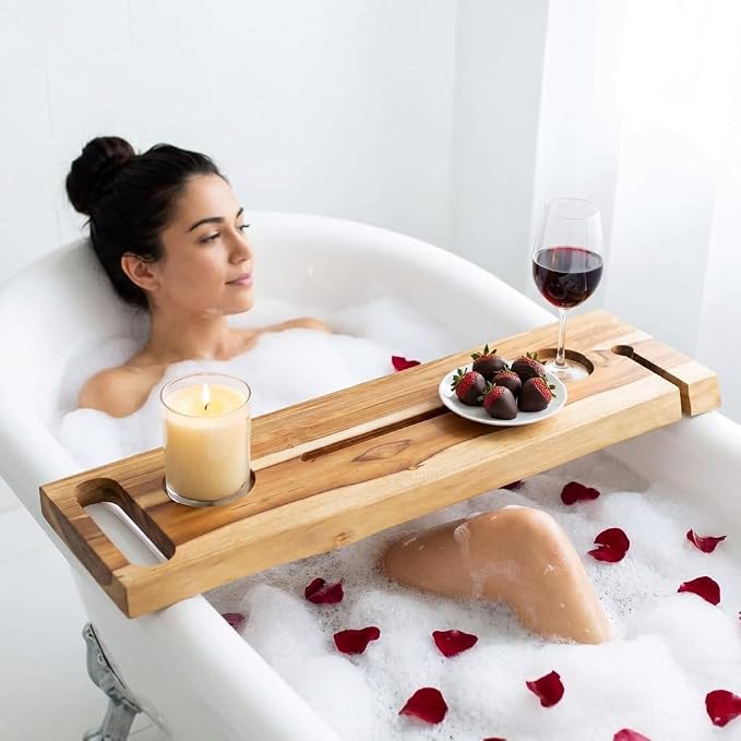 EcoDecors Eleganto 30" Live Edge Solid Teak Bath Caddy Tray with Handle, Book & Tablet Holder, Wine Glass Holders, Luxury Bathtub Tray