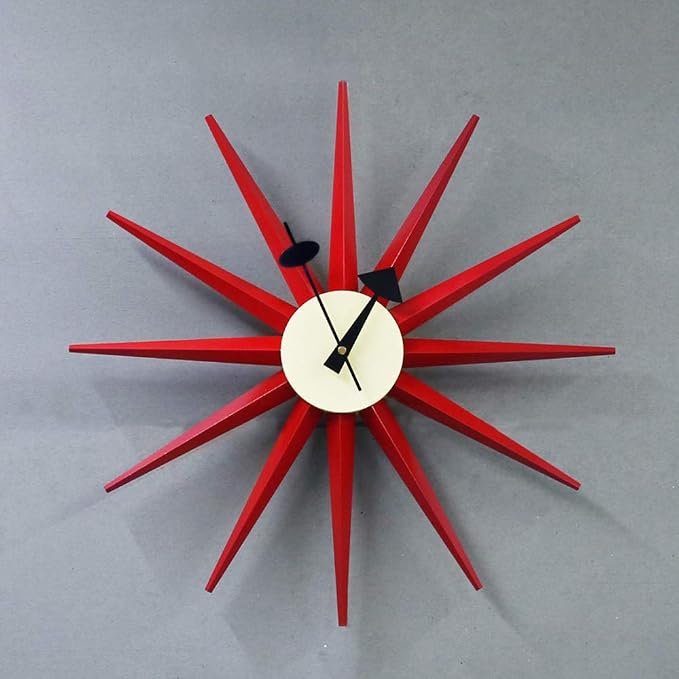 SHISEDECO Modern Sunburst Clock in Red Color, Non Ticking Wooden Mid Century Retro Design Decorative Silent Wall Quartz Clocks for Home, Living Room, Office and Bedroom etc.
