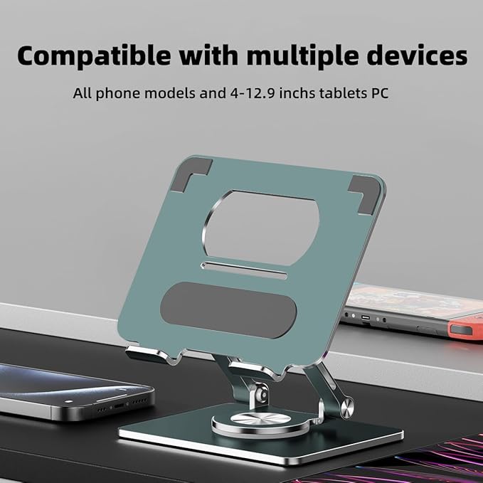 iPad Holder Stand, Tablet Holder with Thickened 360° Rotating Base Dual Rod Adjustable Aluminum Stand for All 4-12.9’’ iPad Surface Samsung Phone Tablet Kindle E-Reader and More, Space Gray
