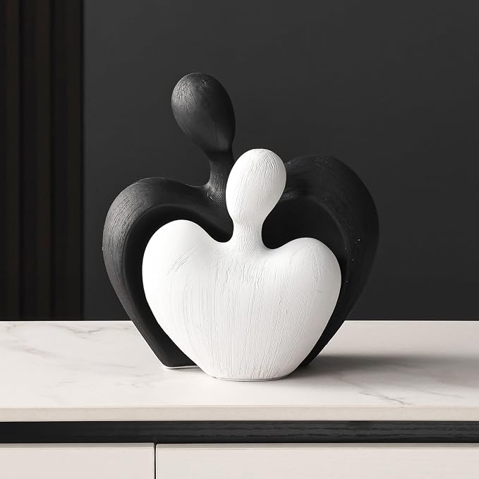 Ceramic Couple Statues Home Decor Aesthetic Abstract Sculpture Modern Decorative Statue for Living Room Bedroom Bookshelf Table Centerpiece Office (White and Black)