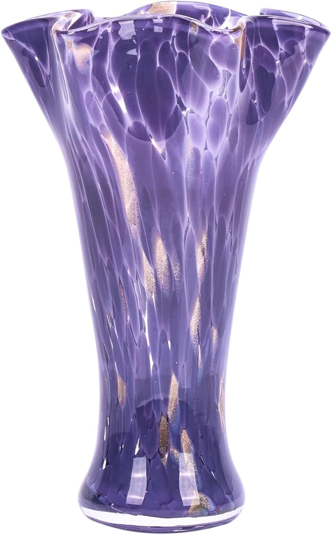 9.8" Tall Purple Hand Blown Glass Vases for Home Decor,Modern Wide Mouth Ruffle Flower Vase Table Centerpieces,Colored Coastal Sea Glass Art for Bookshelf,Bathroom,Counterto,Wedding
