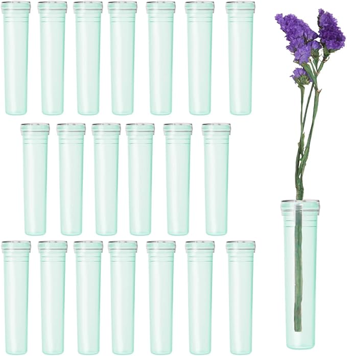 JFFX 20 Pcs Floral Water Tubes 2.8 Inch Green Color Plastic Flower Vials with Caps for Flower Arrangement Decoration