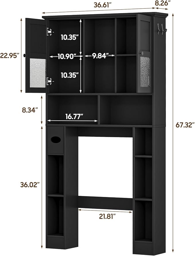 Over The Toilet Storage Cabinet, Bathroom Shelf Over Toilet with Hammered Grain Glass Doors and Adjustable Shelves, Freestanding Home Space Save Toilet Rack for Restroom, Bathroom, Laundry (Black)