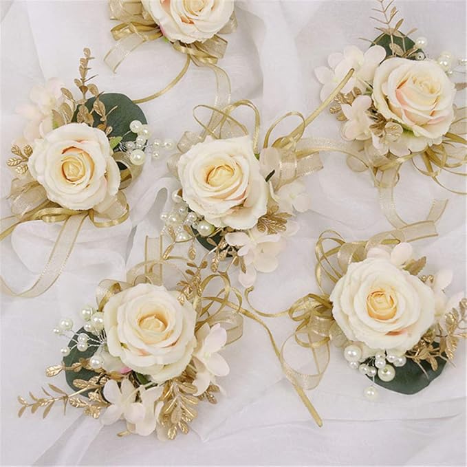 USIX 2pc Pack-Handmade Artificial Flower Rose with Gold Leaves Ribbons Artificial Pearls Wrist Corsage & Men's Lapel Boutonniere Pin Combo Set Package for Wedding Party Prom Homecoming (Corsage Pack)