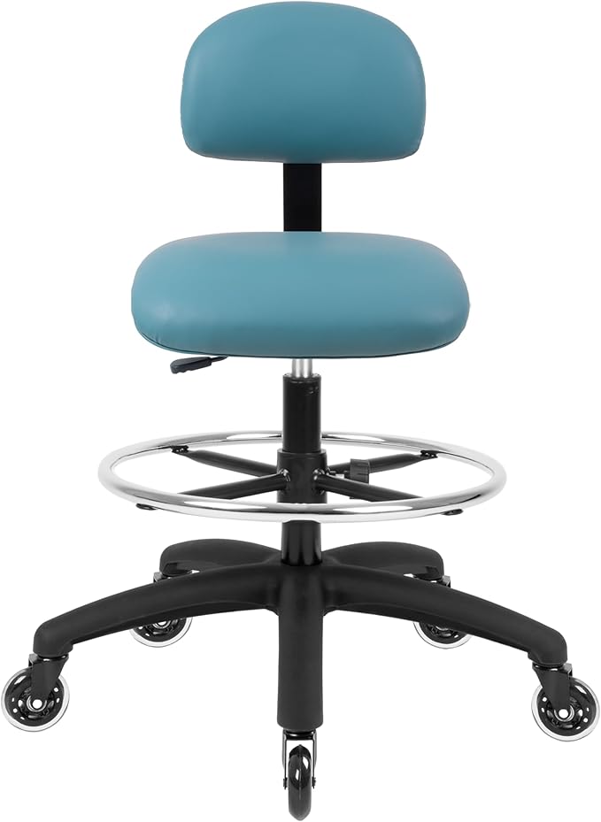 Chair Master FSS Series Square seat Tall (25"-35") seat Height Chair. Vinyl-for Office, Garage, Desk, Shop, Computer, Doctor, Medical, Easy to Clean! 18" Footring (Aqua, Tall, Rubber Roller Casters)