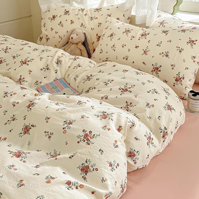 Nayoroom Vintage Floral Duvet Cover Full Size Red Rose Flower Green Botanical Cottagecore Bedding Set 3 Pieces Soft Lightweight Washed Microfiber Spring Duvet Cover Gifts for Women Girls