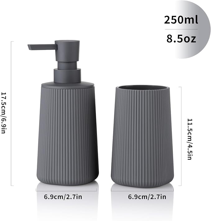 YAUKPH Bathroom Accessories Set 2 Piece Soap Dispenser and Toothbrush Holder for Bathroom Countertop Striped Gray