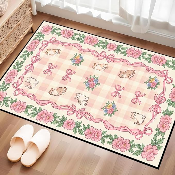 2'x3' Cat Floral Area Rug Pink Bow Flower Carpet Washable Rug Cute Cartoon Boho Floor Mat for Entryway Bedroom Living Room Nursery Playroom Classroom Home Decor