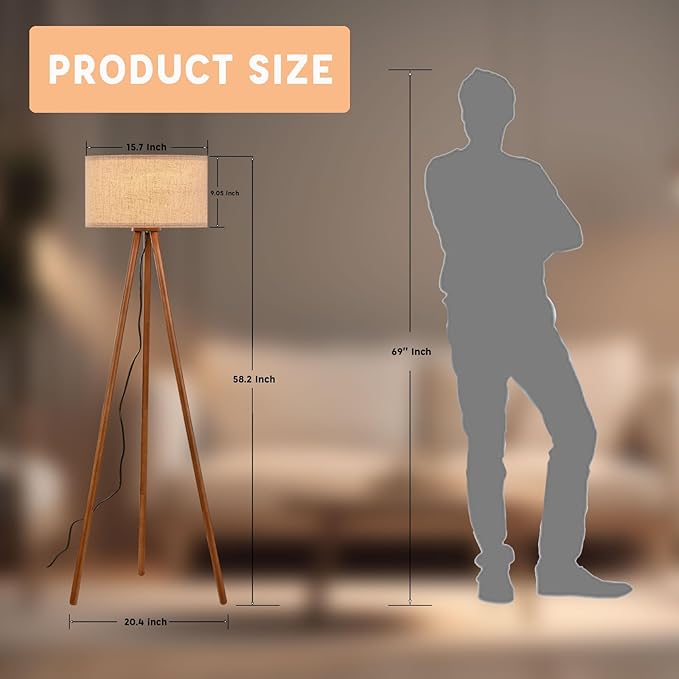 Wood Tripod Floor Lamp for Bedroom, Farmhouse Wooden Floor lamp with 3 Color Temparature LED Bulb for Living Room, Office, Footswitch,ETL Listed/Brown Wood Color
