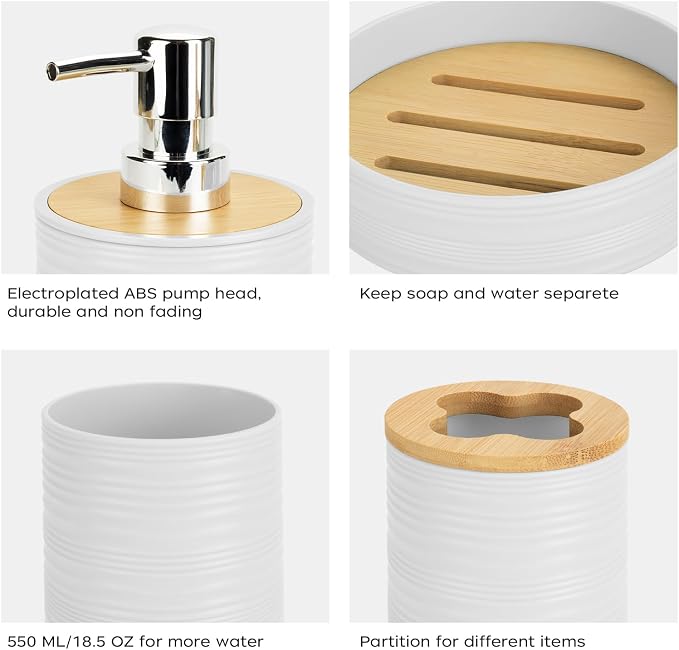 4 PCS White Bathroom Accessories Set, Includes a Soap Dispenser, Toothbrush Holder, Soap Dish and Mouthwash Cup, Plastics & Bamboo Bathroom Set, Bohemian Style Bathroom Sink Set