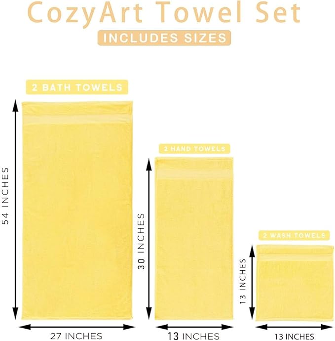 COZYART Yellow Luxury Bath Towel Set, Turkish Cotton Hotel Towel Bulk for Bathroom, Thick Bathroom Set of 6 Pcs with 2 Large Bath Towels, 2 Hand Towels, 2 Washcloths, 650 GSM.