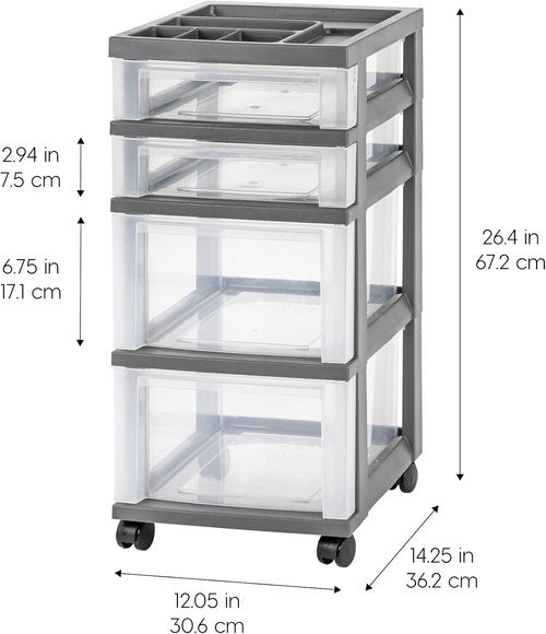 IRIS USA Rolling Storage Cart - Versatile Organizer for Classroom & Art Supplies | 4 Drawers, Gray/Clear