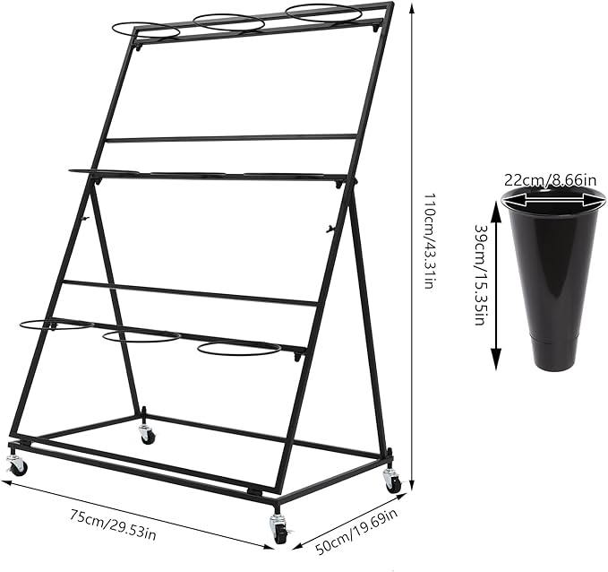 Flower Display Stand with 9 Buckets, 3 Layer Metal Plant Stand Indoor with Wheels, Heavy Duty Moving Flower Cart Flower Rack for Outdoor Patio, Garden, Florist