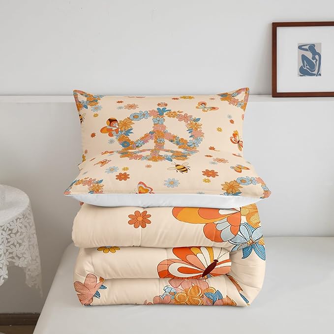Retro 70s 60s Hippie Comforter Set Twin Size,Groovy Flowers Butterfly Honeybee Quilt Set for Kids Boys Bedroom Collection,Floral Peace Symbol Polyester Bedding with 1 Pillowcase,2Pcs