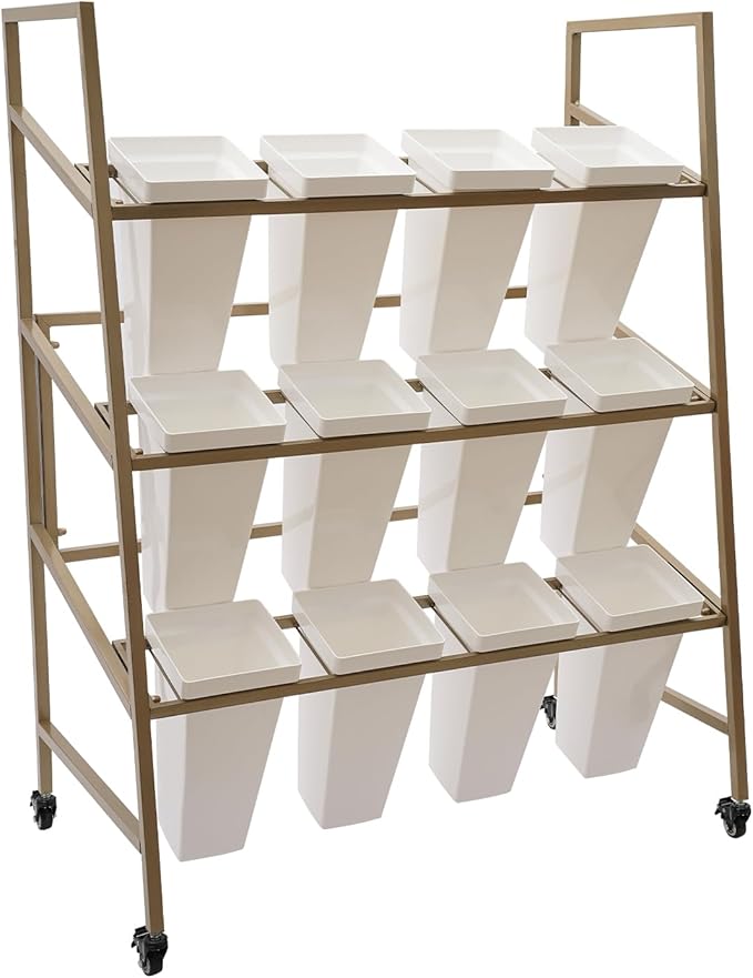 3-Layers Flower Display Stand Metal Plant Holder with 12PCS Buckets Moving Plant Cart Shelf Flower Shelf for Florist Garden Patio,3.28 * 1.84 * 4.04ft (Gold Frame With White Buckets)