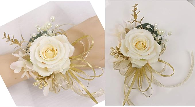 USIX 2pc Pack-Handmade Artificial Flower Rose with Gold Leaves Ribbons Artificial Pearls Wrist Corsage & Men's Lapel Boutonniere Pin Combo Set Package for Wedding Party Prom Homecoming (Corsage Pack)