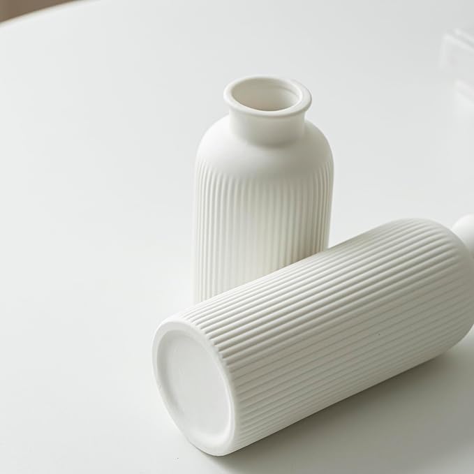 Modern Ceramic Vase Set, White Ribbed Matte Design, 3-Piece Decorative Vases for Home, Living Room, Office (White)