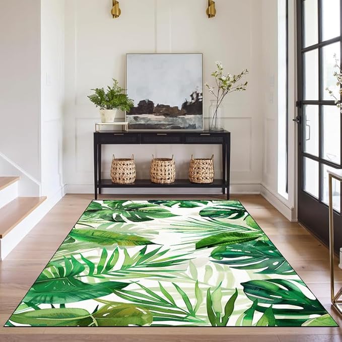 3'x5' Tropical Palm Leaf Rug Monstera Banana Leaves Floor Mat for Entryway Bedroom Living Room Nursery Playroom Home Decor Washable Low Pile Green Botanical Area Rug