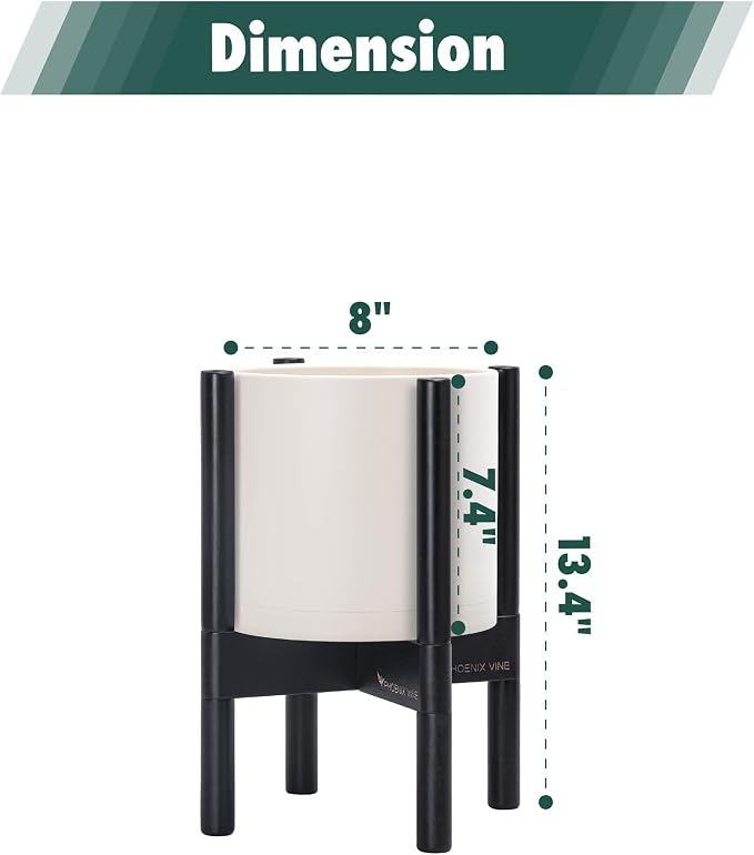 D'vine Dev Planter Pot with Stand - 8 Inch Plastic Cylinder Flower Pot with Wood Planter Holder for Indoor, Oatmeal Pot + Ebony Stand, 55-C-K-4