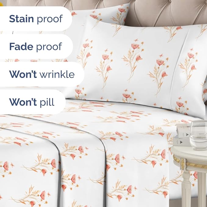 Floral Sheets - Pink Floral Butterfly Bed Sheet Set - 1 Flat & 1 Fitted & 2 Pillowcases w/ Deep Pockets - Wrinkle & Fade Free - Boho Botanical Bedding - Soft, Breathable and Cooling - Full Size New